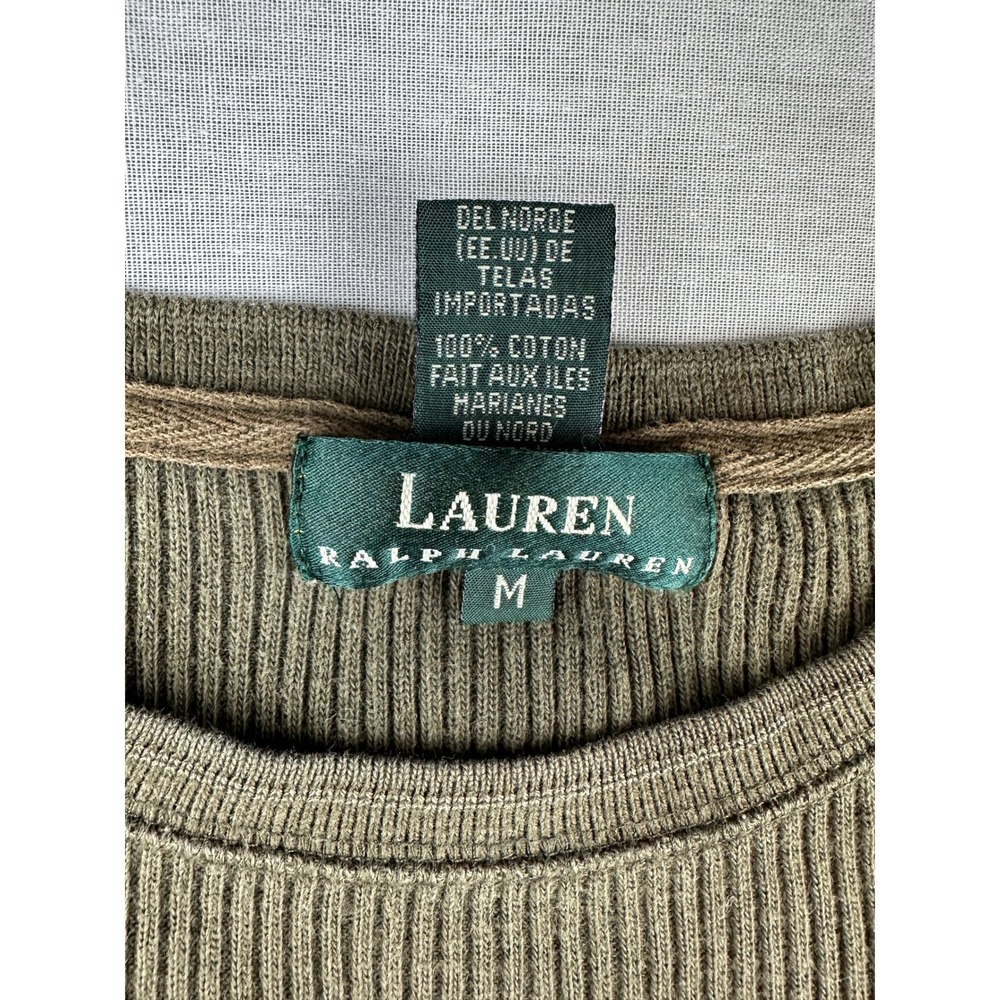 Lauren Ralph Lauren Olive Green Ribbed Knit‎ Elbow Sleeve Top Utility Pocket M - Picture 2 of 6